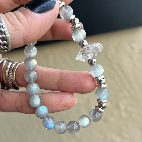 Herkimer diamond iridescent labradorite boho bead crystal quartz gems bracelet - Picture 2 of 16